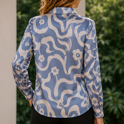 Women Green Satin Blouse White Floral Print Long Sleeve Button Down Shirt Elegant Spring Autumn Office Lady Top Casual Wear New