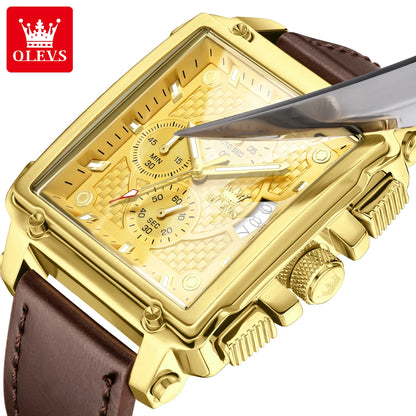 OLEVS brand mens watches waterproof Leather strap chronograph quartz watch for man date gold square dial genuine male wristwatch