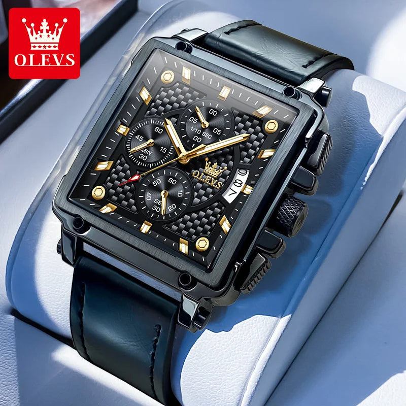 OLEVS brand mens watches waterproof Leather strap chronograph quartz watch for man date gold square dial genuine male wristwatch