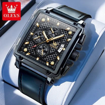 OLEVS brand mens watches waterproof Leather strap chronograph quartz watch for man date gold square dial genuine male wristwatch