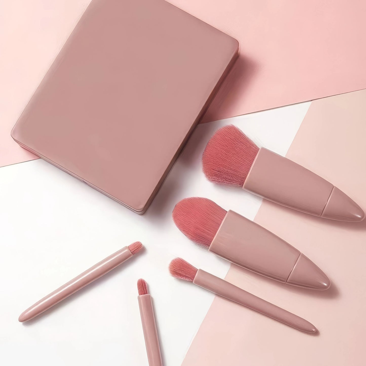 Portable Pink Makeup Brush Kit 5PCS Compact With Mirror Soft Bristles Blush Eyeshadow Foundation Beauty Tools