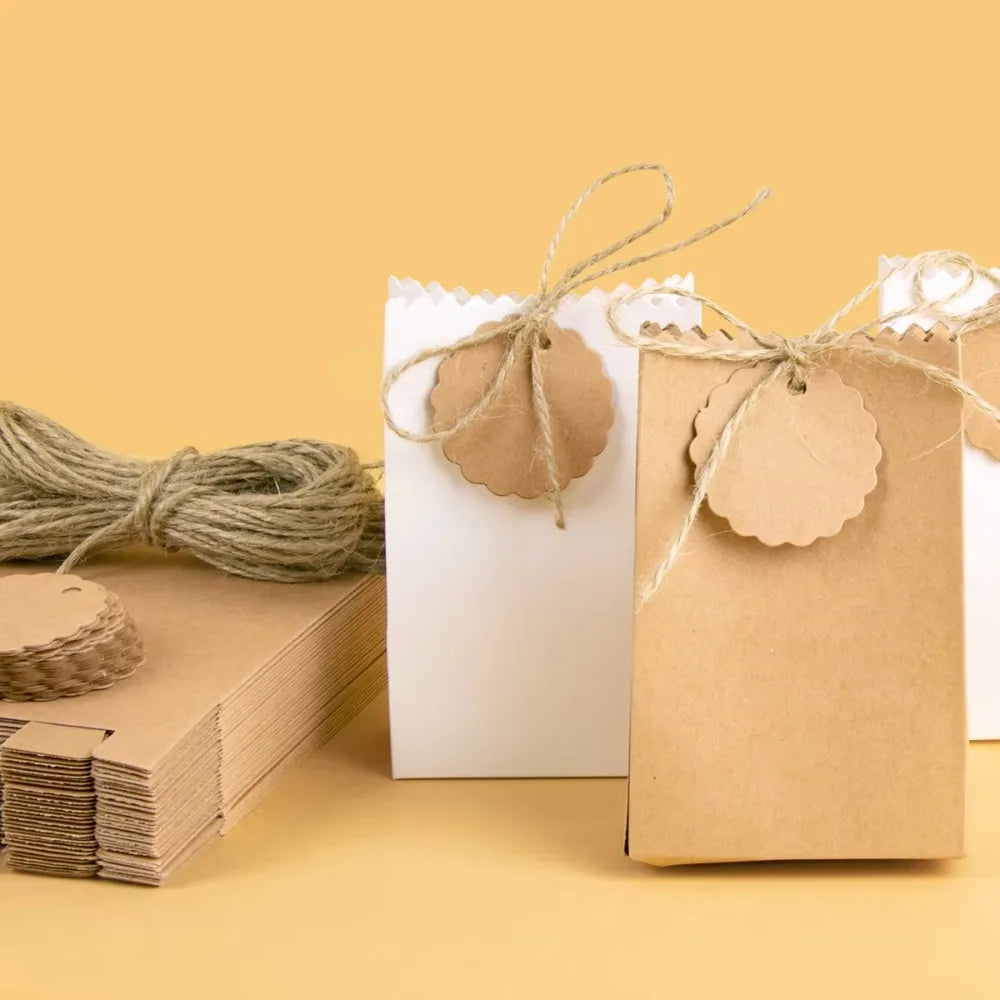 Party Supplies Retro Kraft Paper Gift Box Refilling with Rope Tag Kraft Paper Cookie Bag DIY Candy Packaging Bag Hotel