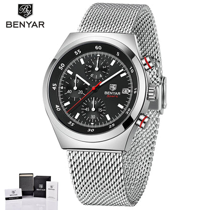 BENYAR Top Luxury Brand Men's Business Leisure Watch Mesh Band Quartz Timing Men's Watch 30 Meter Waterproof