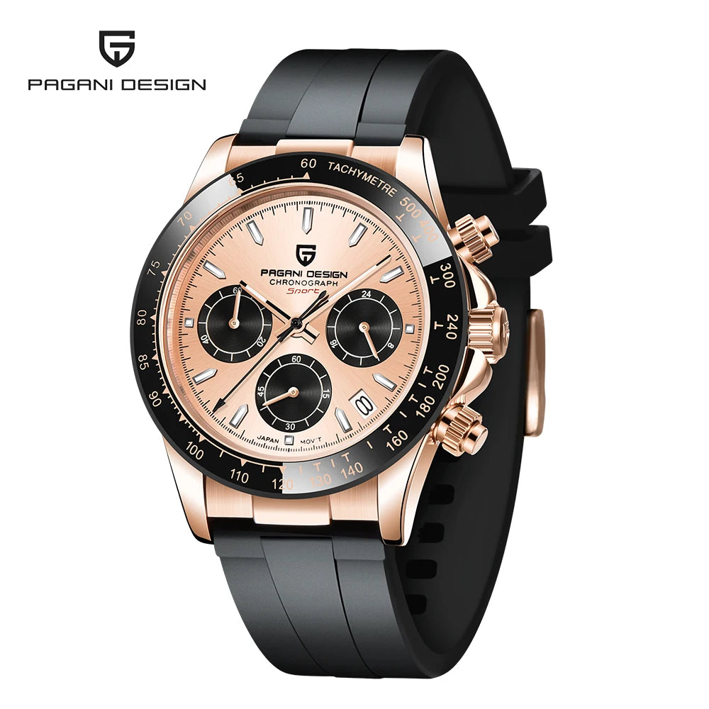 PAGANI DESIGN Men Quartz Chronograph Watch RoseGold Case Black Ceramic Bezel Brown Dial Rubber Strap Waterproof Sports watch+box