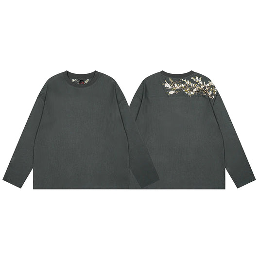 26ss DERSCHUTZE Long Sleeved White Waffle Patterned Cherry Blossom Embroidered T-shirt Loose Casual Top DERSCHUTZE Top Tee