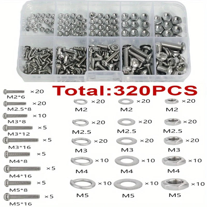 Hex Nuts and Bolt Set - 320 pieces/120 pieces, durable M2 - M5 metric size, universal hardware kit for DIY projects and repairs
