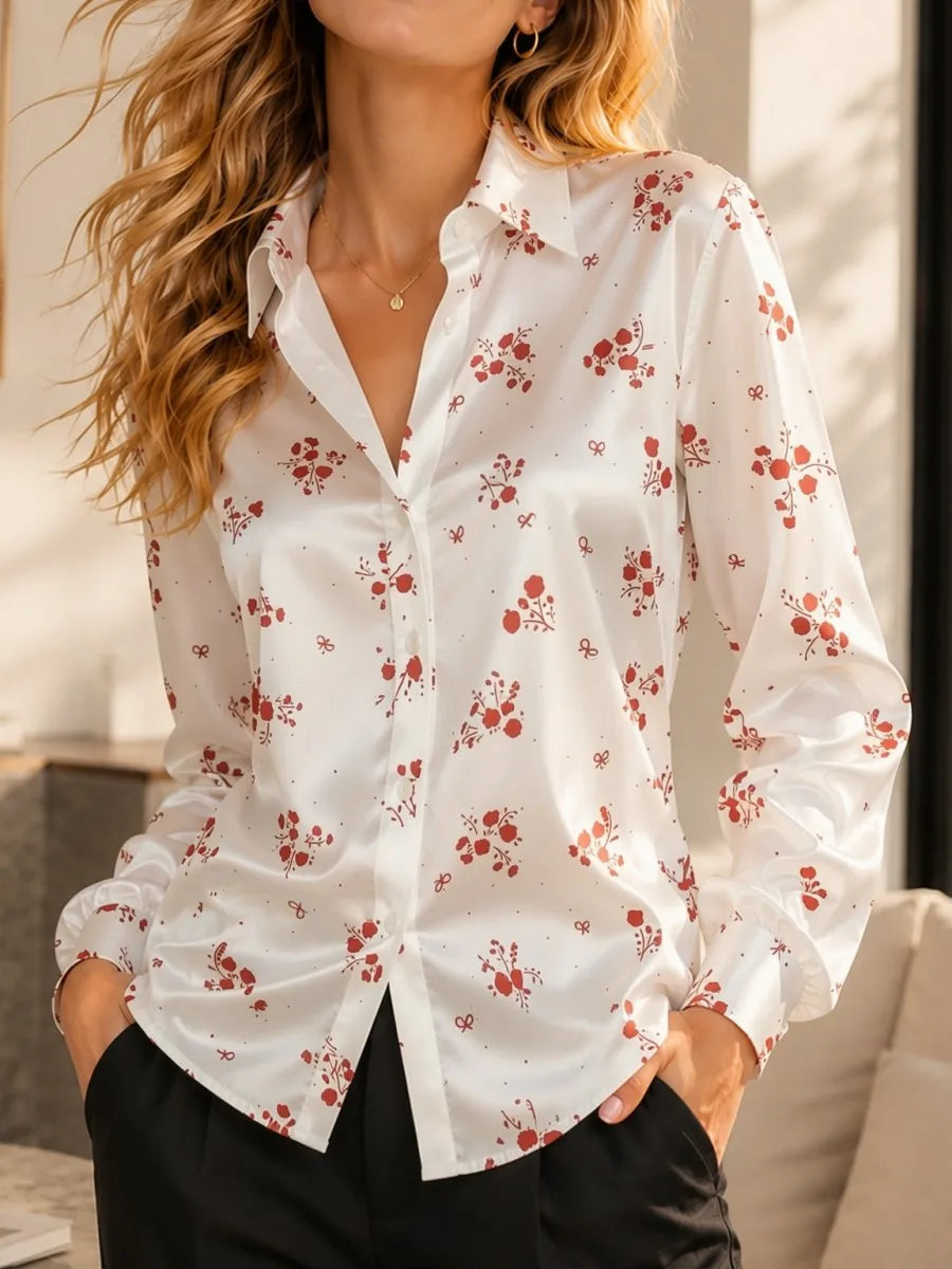 Women Green Satin Blouse White Floral Print Long Sleeve Button Down Shirt Elegant Spring Autumn Office Lady Top Casual Wear New