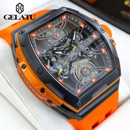 GELATU Men's Watches Trend Fashion Hollow Out Self-winding Automatic Mechanical Wristwatch Sapphire Mirror Waterproof Luminous
