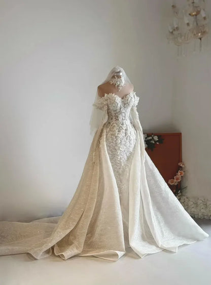 New Luxury Detachable Wedding Dress Off Shoulder 3D Floral Lace Beaded Mermaid Bridal Gown For Bride Formal Party Customize