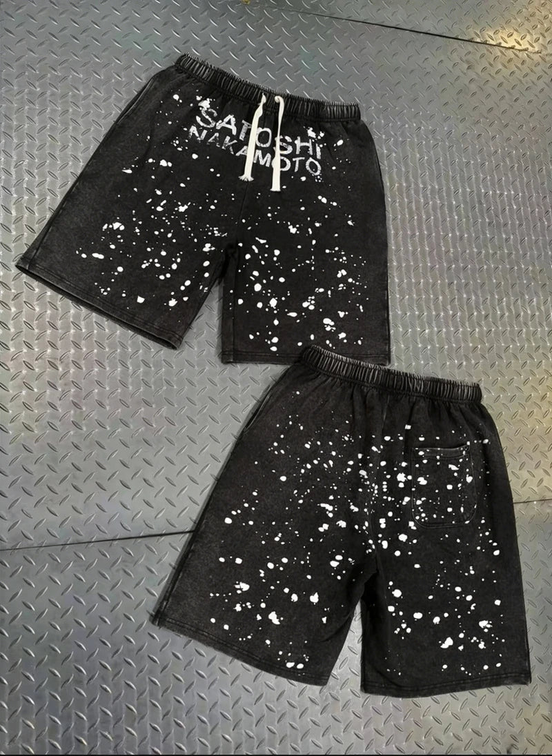 Handmade Ink Splashing Fading Letter Vintage Black SATOSHI Tshirts Hiphop Street Fake Two Piece Long Sleeve Men Women Shorts