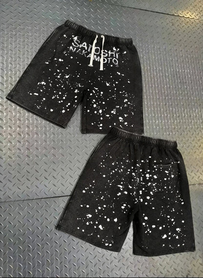 Handmade Ink Splashing Fading Letter Vintage Black SATOSHI Tshirts Hiphop Street Fake Two Piece Long Sleeve Men Women Shorts