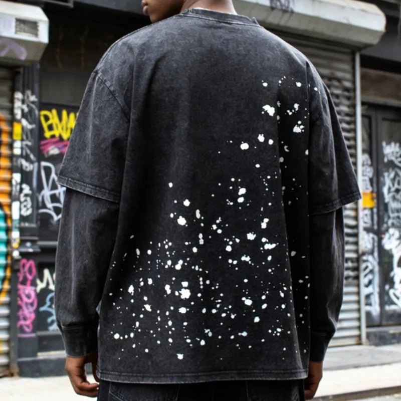 Handmade Ink Splashing Fading Letter Vintage Black SATOSHI Tshirts Hiphop Street Fake Two Piece Long Sleeve Men Women Shorts