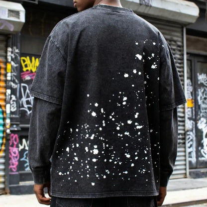 Handmade Ink Splashing Fading Letter Vintage Black SATOSHI Tshirts Hiphop Street Fake Two Piece Long Sleeve Men Women Shorts