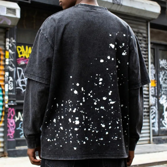 Handmade Ink Splashing Fading Letter Vintage Black SATOSHI Tshirts Hiphop Street Fake Two Piece Long Sleeve Men Women Shorts