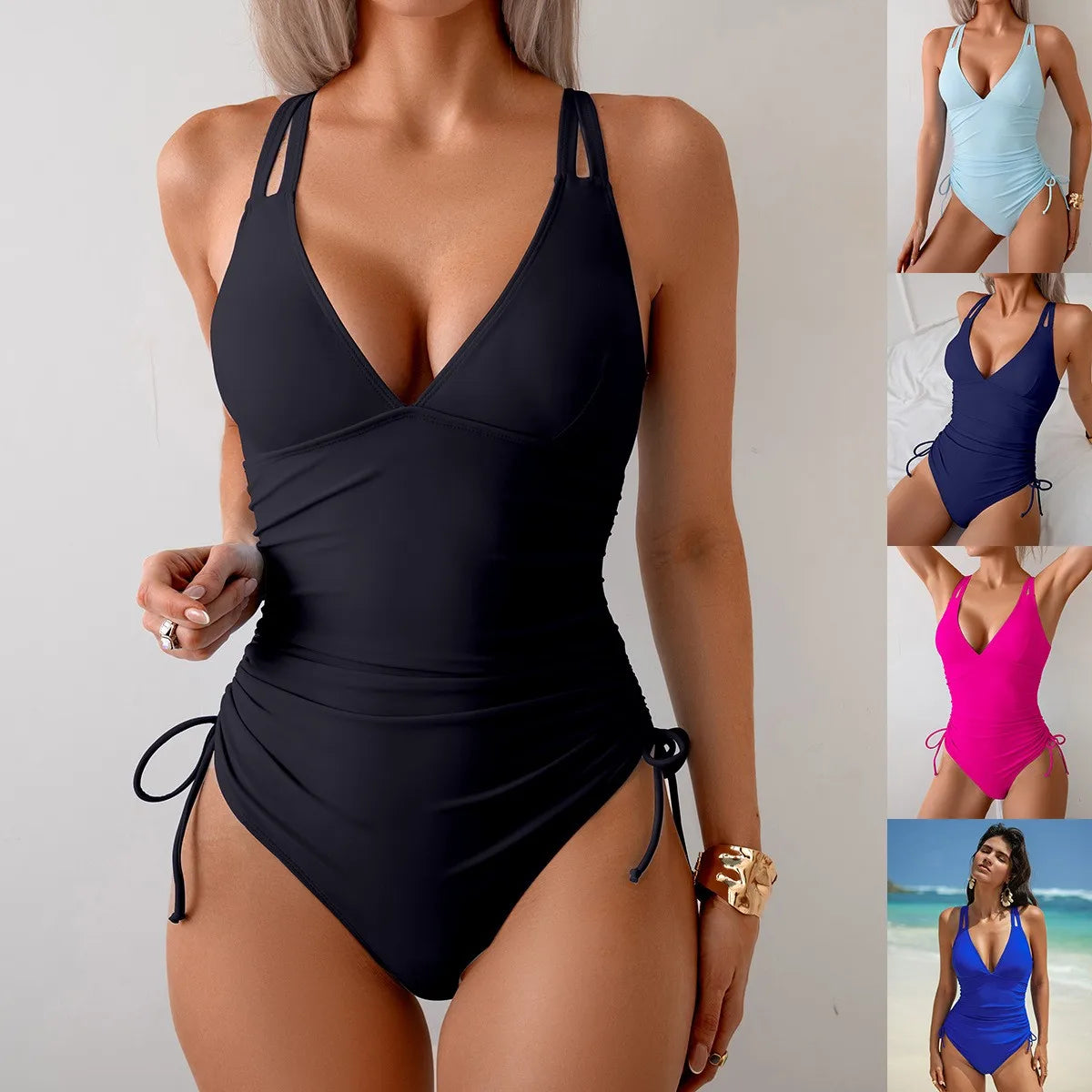 Solid Black Swimsuit V Neck Ruched Waist One-Piece Swimsuit Halter Straps High Cut Legs Sleeveless Solid Pink Bathing Suit