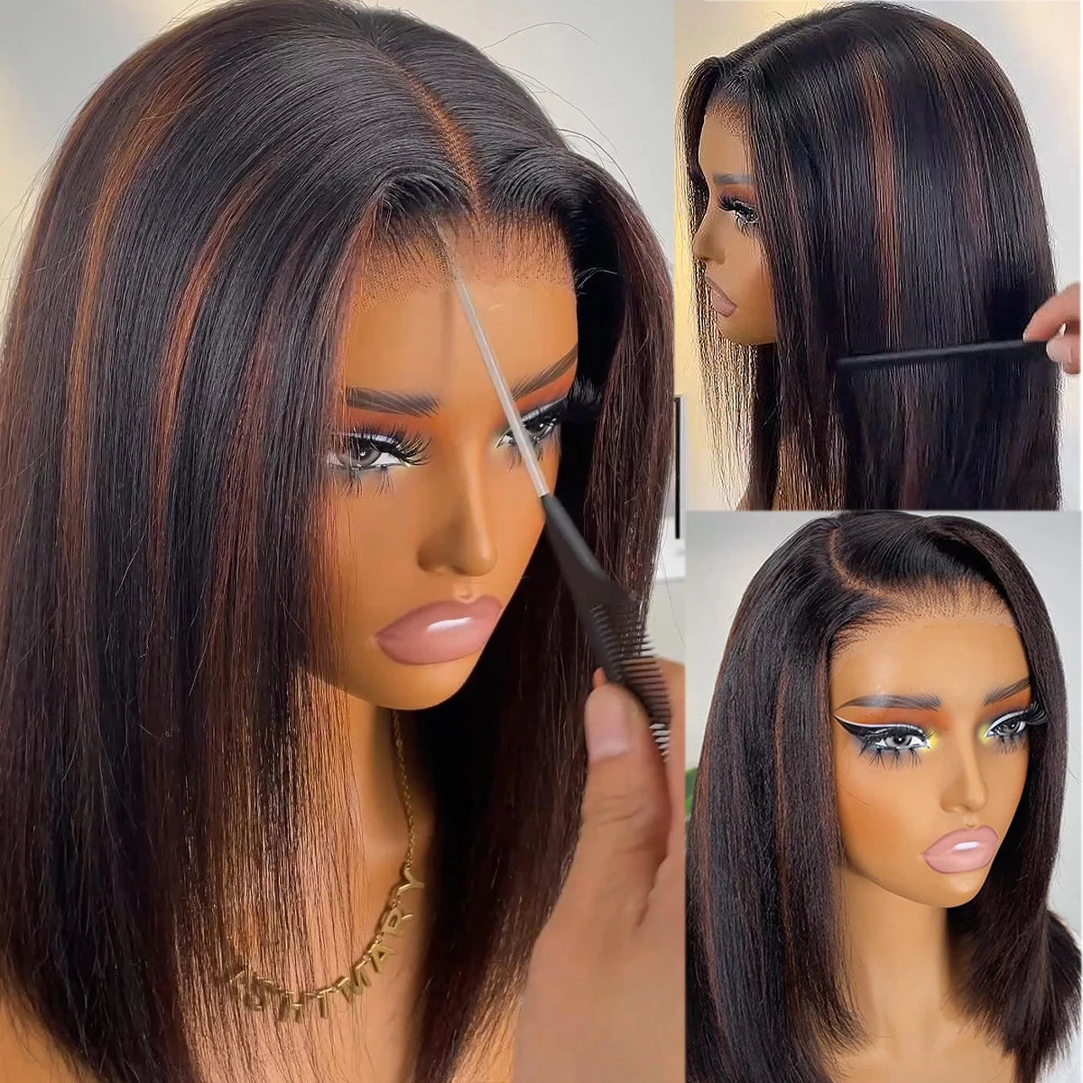Highlight Brown Glueless 400 Density Straight Wig No Glue Brazilian Human Hair 4x4/13x6 HD Lace Front Ready To Wear Wig 18 Inch