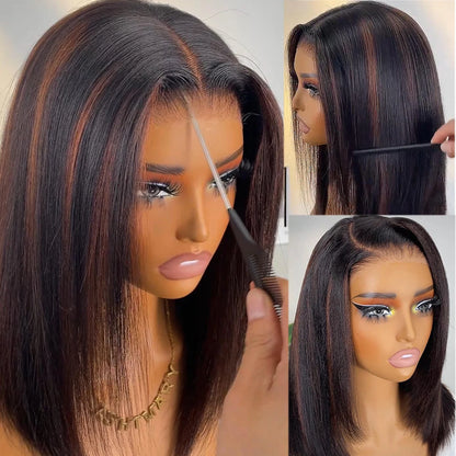 Highlight Brown Glueless 400 Density Straight Wig No Glue Brazilian Human Hair 4x4/13x6 HD Lace Front Ready To Wear Wig 18 Inch