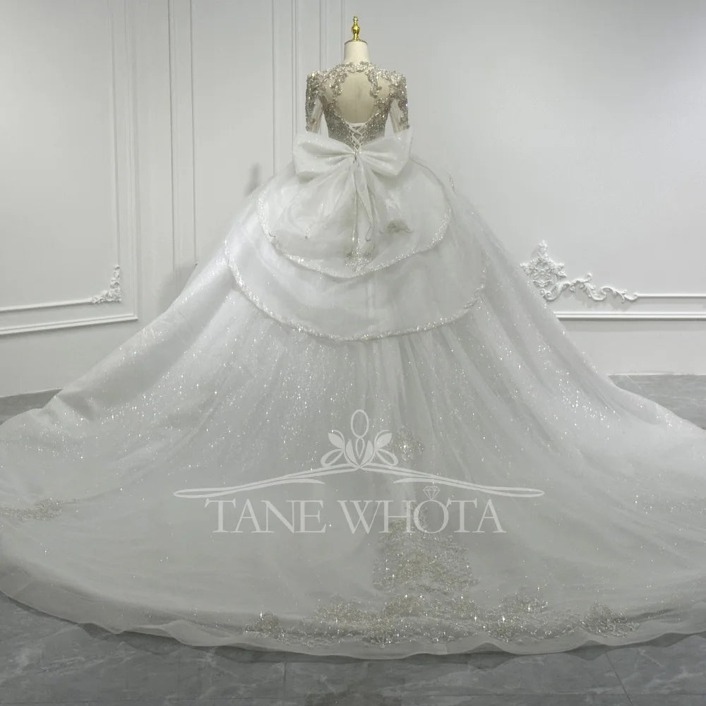 Luxury Wedding Dress With Long Sleeves Crystal Sequined Bow Keyhole Back O-Neck Lace-Up Ball Gown For Women