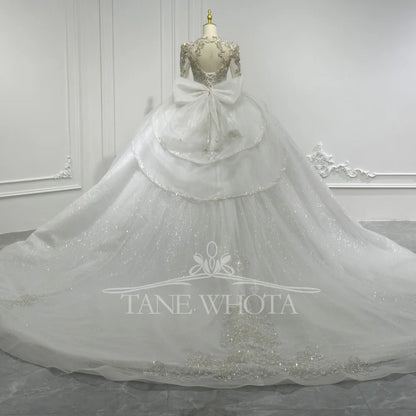 Luxury Wedding Dress With Long Sleeves Crystal Sequined Bow Keyhole Back O-Neck Lace-Up Ball Gown For Women