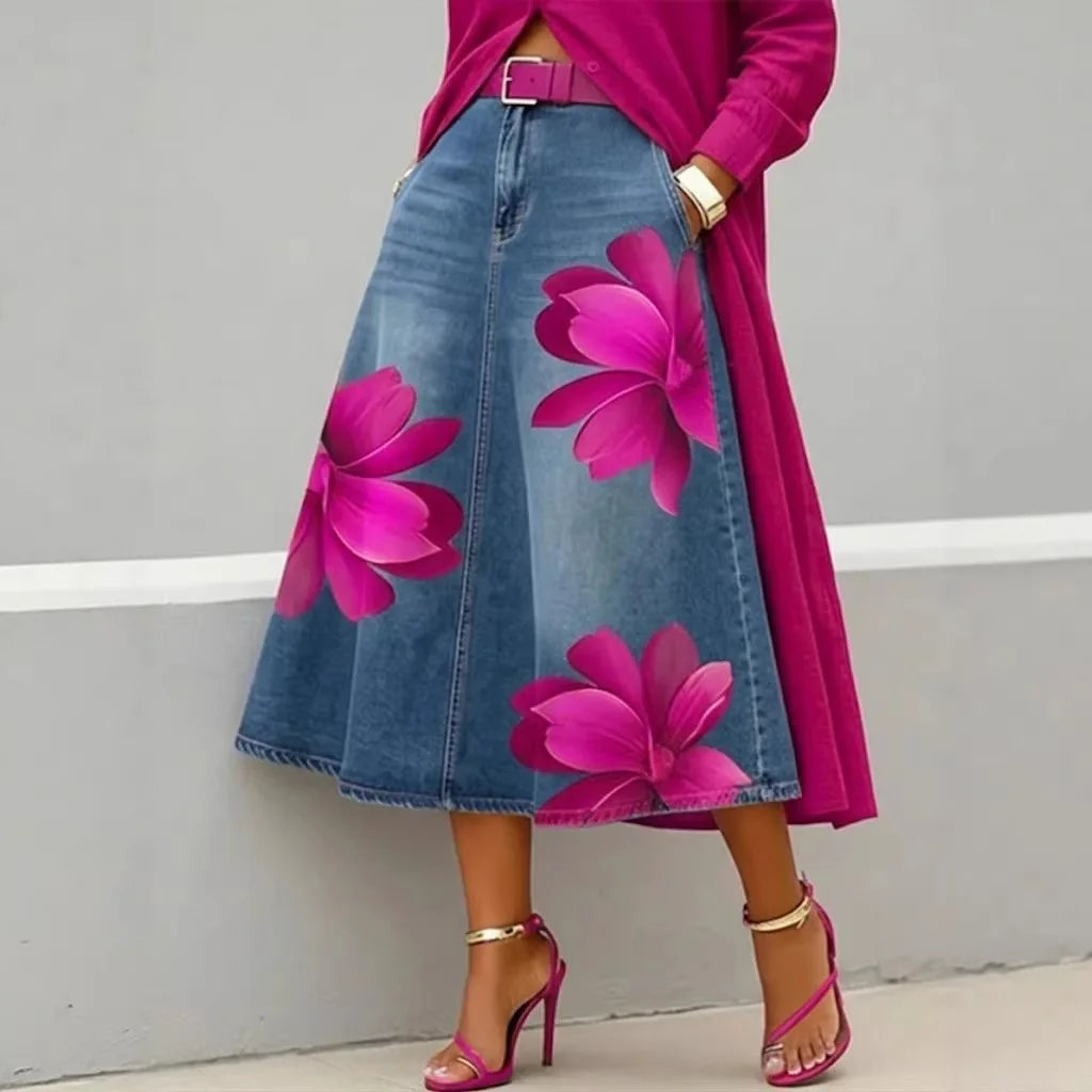 Denim Skirts Women Mid Length Skirt A Line Floral Print Pockets Elegant Splice Y2k Streetwear Work Beach Casual Washed Summer