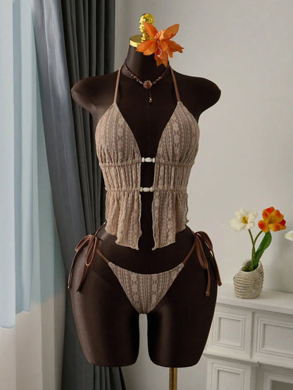Cream Lace Halter Neck Tankini Set With Beaded Detail And Tie Side Bottoms