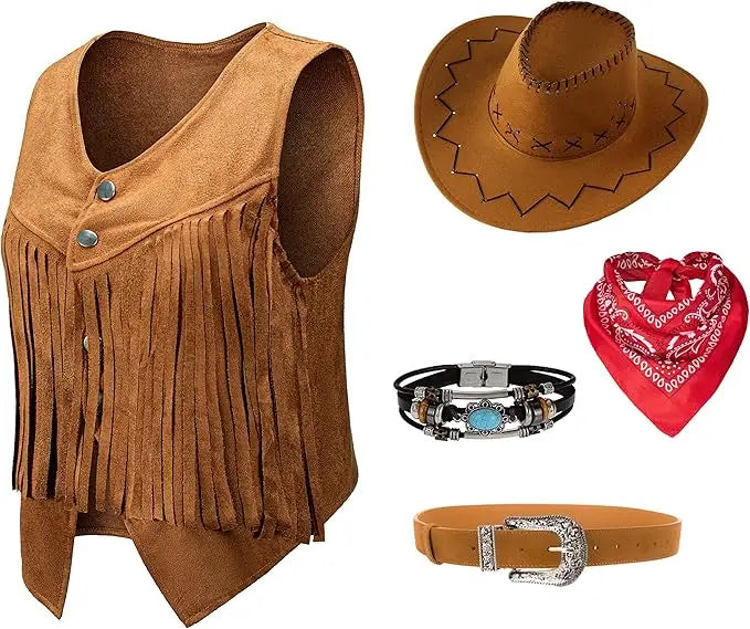 Women Men Cowgirl Costume Western Vest Hat Belt Bandana Set for Cowboy Tassels Fringe Vest Halloween Outfits Wild West Cosplay