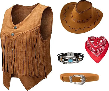 Women Men Cowgirl Costume Western Vest Hat Belt Bandana Set for Cowboy Tassels Fringe Vest Halloween Outfits Wild West Cosplay