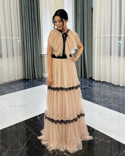 Customized Fashion Exquisite Tulle Pleat Tulle Lace A-line High Collar Long Dresses Bespoke Occasion Dresses Sizes Available