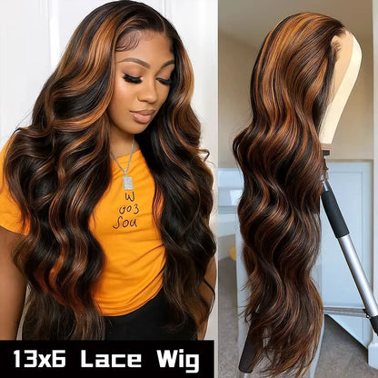 Highlight Body Wave 13x6 HD Omber Lace Front Human Hair Pre Plucked Wig 1B/30 Black Brown Colored Hair 13x4 HD Lace Frontal Wigs