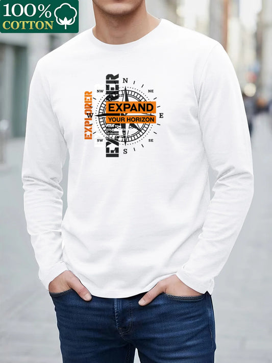 100% pure cotton men's long sleeved round neck loose compass explorer pattern printed casual versatile T-shirt top
