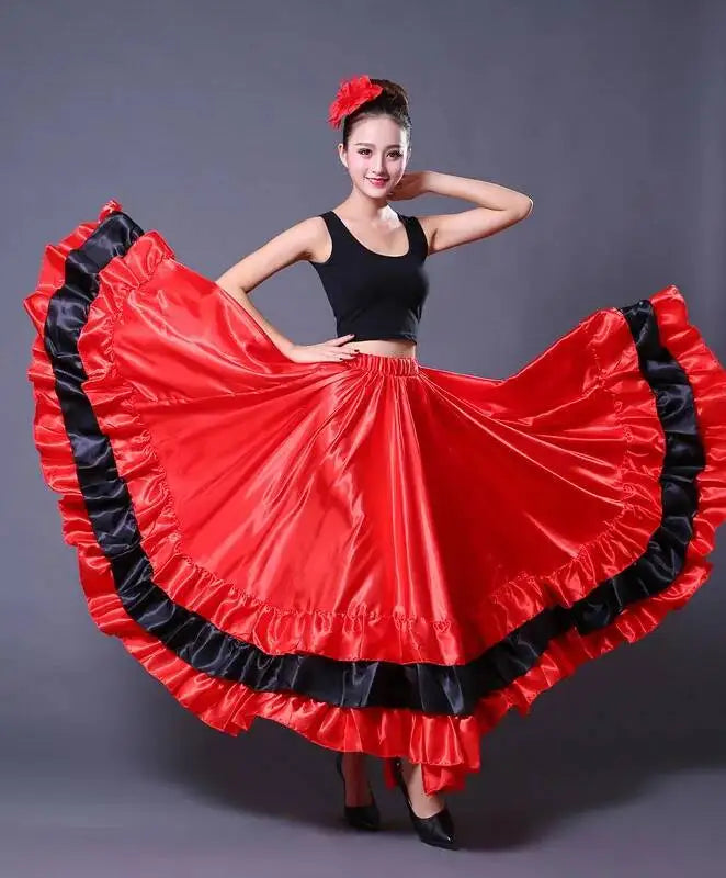 Skirt Gypsy Woman Spanish Flamenco Polyester Satin Smooth Big Swing Carnival Party Ballroom Belly Dance Costumes Dress