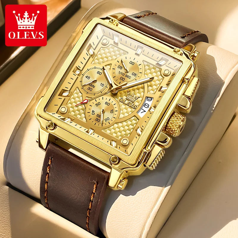 OLEVS brand mens watches waterproof Leather strap chronograph quartz watch for man date gold square dial genuine male wristwatch