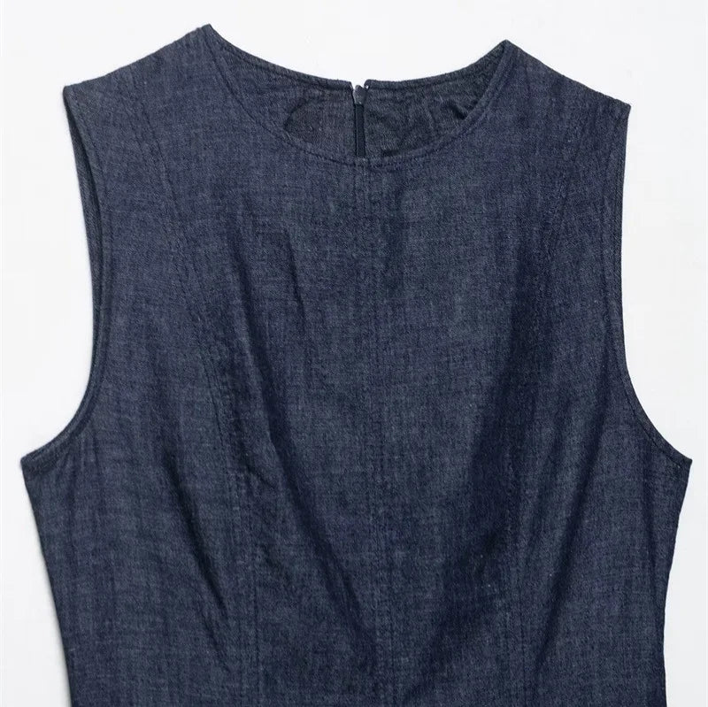New slim fit fashion retro denim Midi dress
