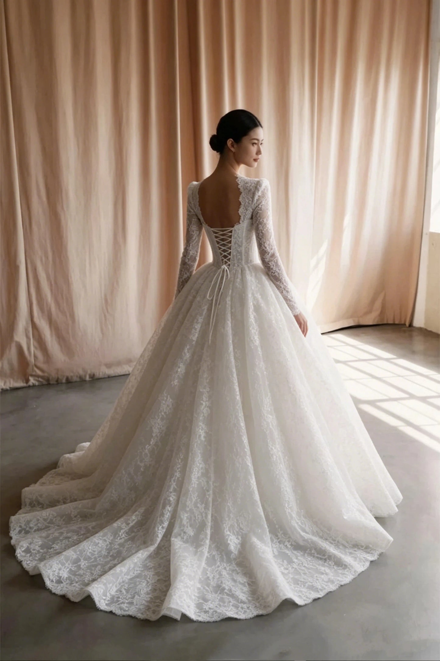 Exquisite A-Line Lace Decal Women's Wedding Dress Sexy Square Neck Long Sleeved Church Bride Dress Vestido De Noiva Customized