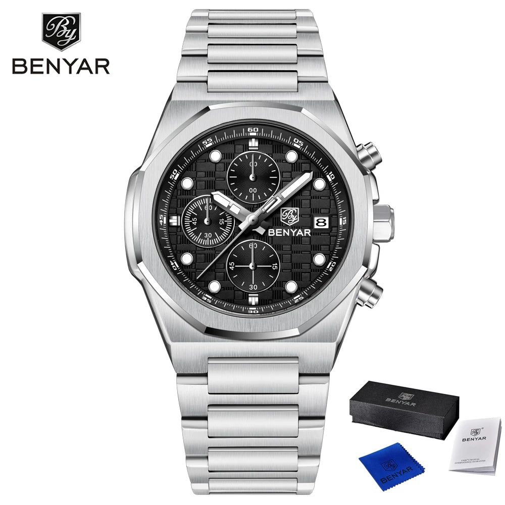 2025 New BENYAR Men's Watches Top Luxury Quartz Wristwatches Chronograph Watch For Man Stainless Steel Waterproof Clock Gift Box