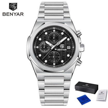 2025 New BENYAR Men's Watches Top Luxury Quartz Wristwatches Chronograph Watch For Man Stainless Steel Waterproof Clock Gift Box