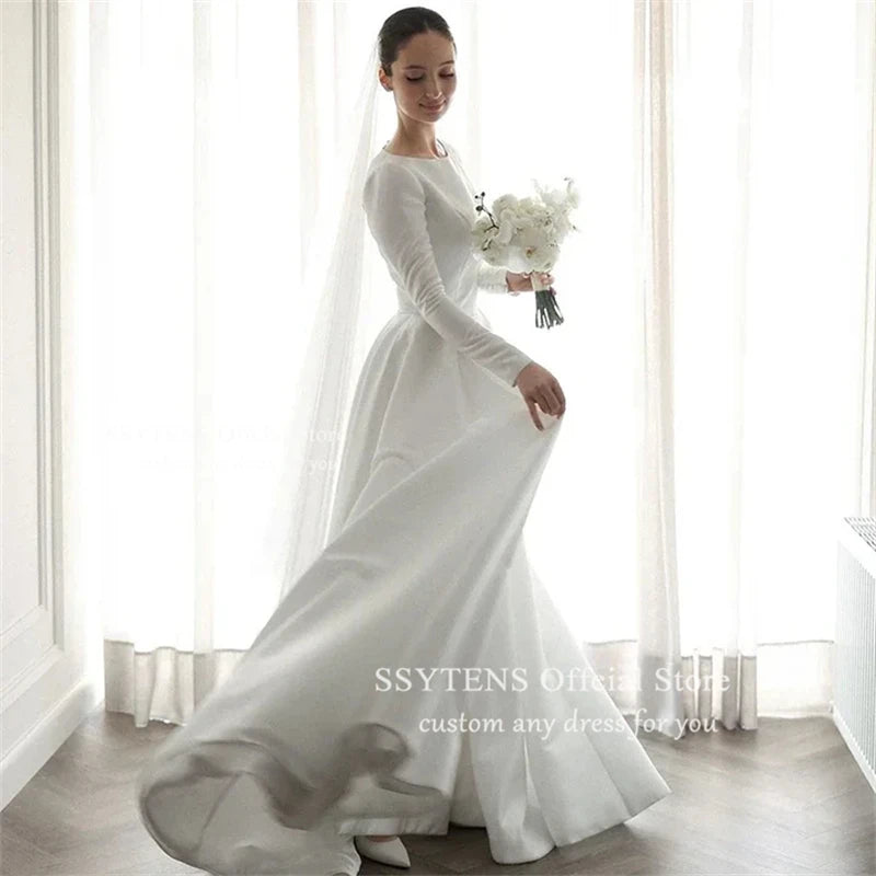 SSYTENS Elegant White Simple Wedding Dresses O-Neck Long sleeves Satin Draped Pleat A-line Floor-Length Bridal Gowns Customized