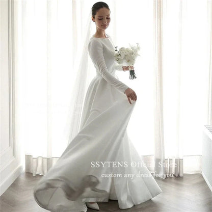 SSYTENS Elegant White Simple Wedding Dresses O-Neck Long sleeves Satin Draped Pleat A-line Floor-Length Bridal Gowns Customized
