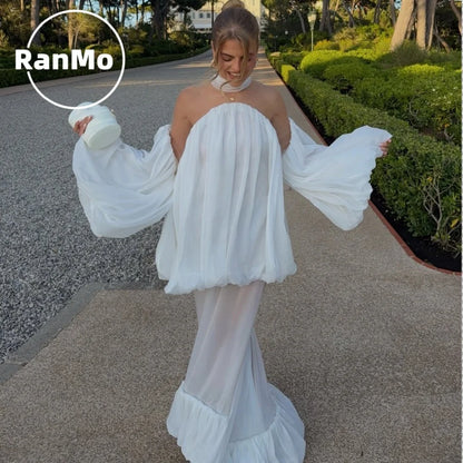 Ranmo Modern White Illusion Chiffon Long Women Party Dresses Off Shoulder With Puff Sleeves Pretty Wedding Party Dress