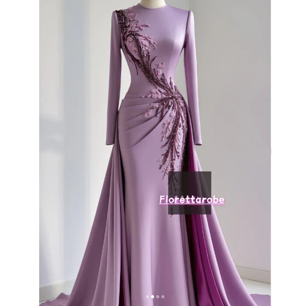 Florettarobe Exquisite Purple Satin Sequined Appliques Pleat  High Collar Long Midi Dress Bespoke Occasion 4 styles Customized