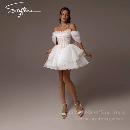 SSYTENS Chic Mini Wedding Dresses Ruffled Bride Dresses Tiered Organza Off Shoulder White A Line Robes De Celebrity Customized