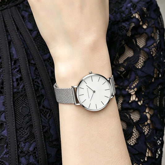 Women's Watch Hannah Martin Brand Stainless Steel Mesh Strap 36mm Silver Minimalist Dial Japanese Quartz Movement 6.9mm Slim Clock 3Bar Life Waterproof Local Fast Shipping Women Watch