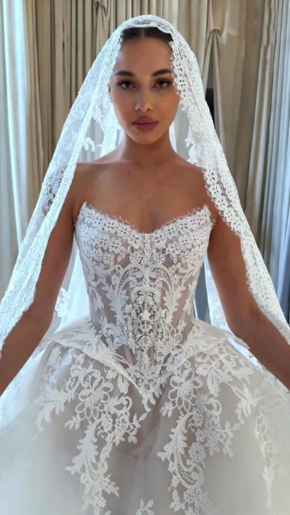 Customized Strapless Sweetheart Bride Dress Wedding Waist Tight corset Full Lace Church Training Wedding Dress