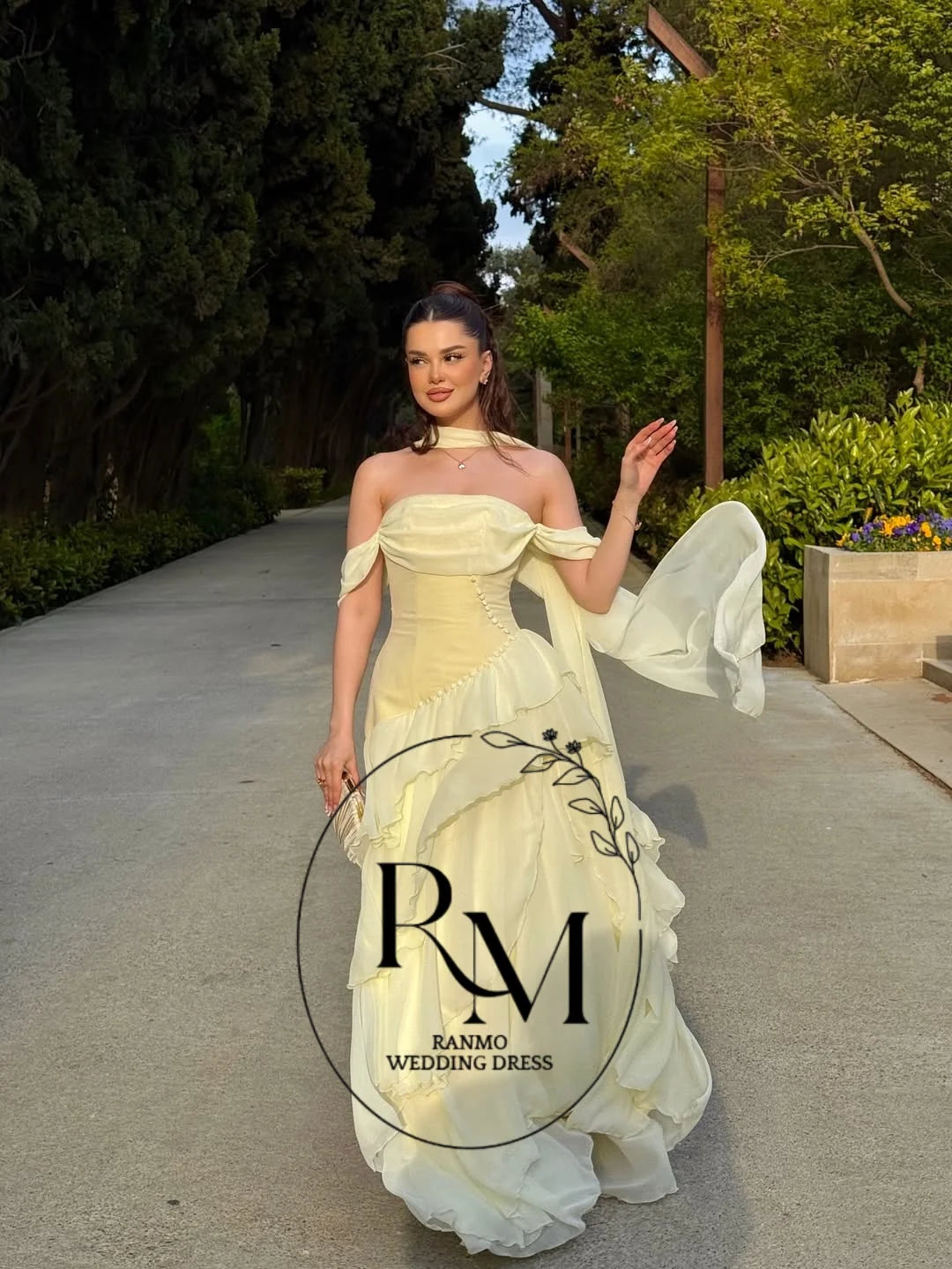 Ranmo Prom Gown Yellow Strapless 2026 A Line Ruffled Party Gown Chiffon Floor Length Evening Dress Vestidos De Gala Customized