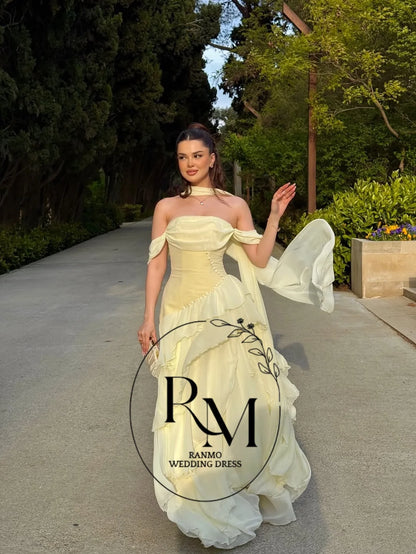 Ranmo Prom Gown Yellow Strapless 2026 A Line Ruffled Party Gown Chiffon Floor Length Evening Dress Vestidos De Gala Customized