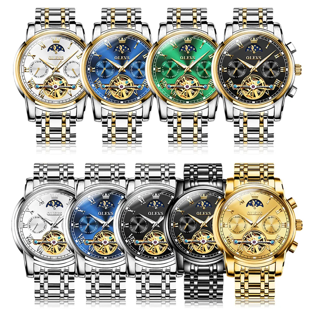 OLEVS 6617 Men's Classic Mechanical Watch Waterproof Business Stainless Steel Strap Watch  Sun And Moon 30M Waterproof Watch