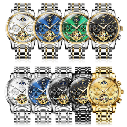 OLEVS 6617 Men's Classic Mechanical Watch Waterproof Business Stainless Steel Strap Watch  Sun And Moon 30M Waterproof Watch