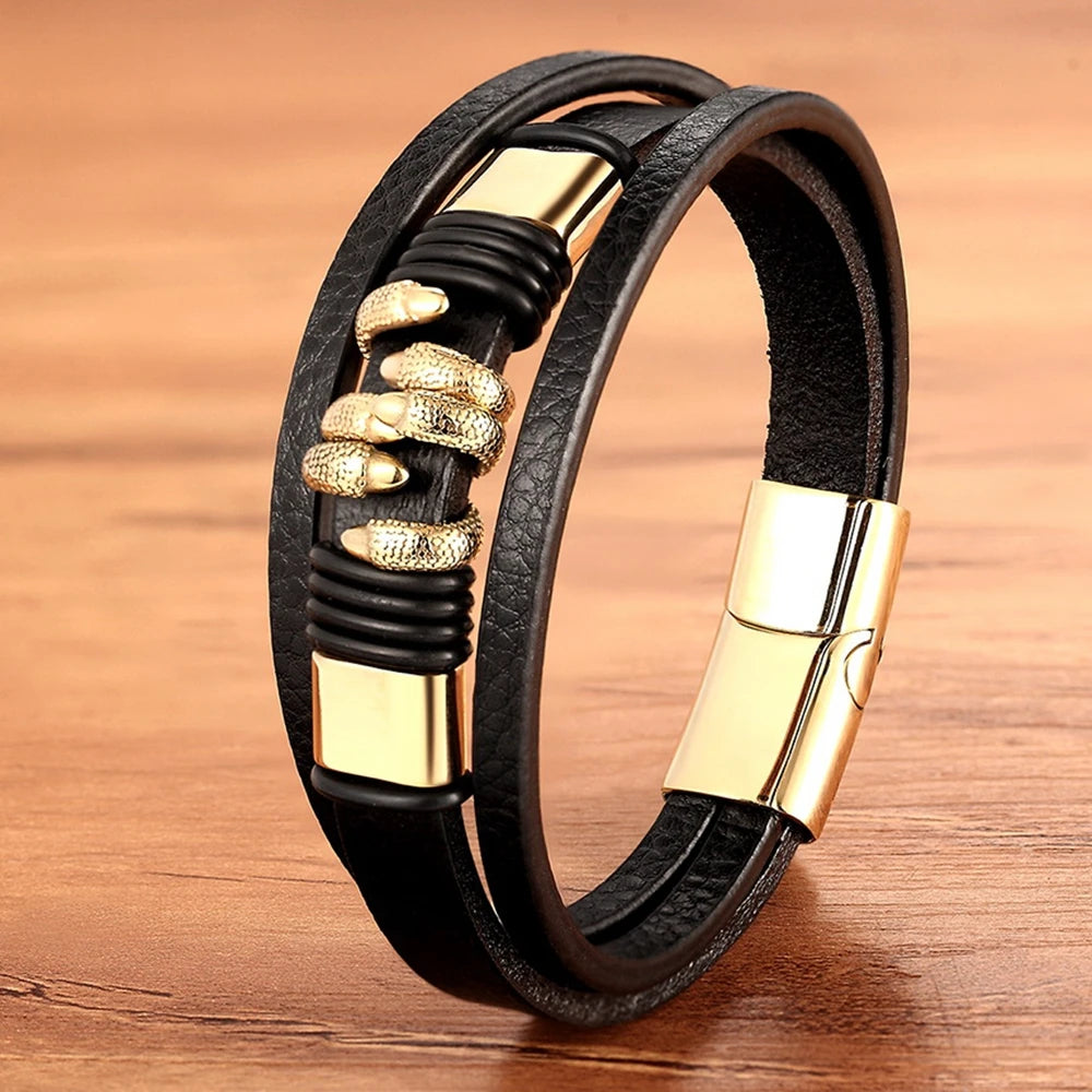 XQNI Luxury Vintage Multilayer Leather Men Bracelet Bead Bracelet Stainless Steel Charm Jewelry Male Wrist Bangle Birthday Gift