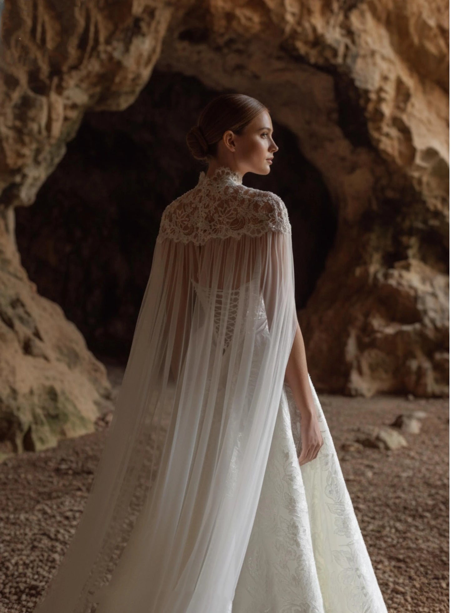 Gorgeous Lace High Neck Sparkling Wedding Dress Detachable Cloak Style Bride Dress Tight corset A-line Wedding Dress Customized