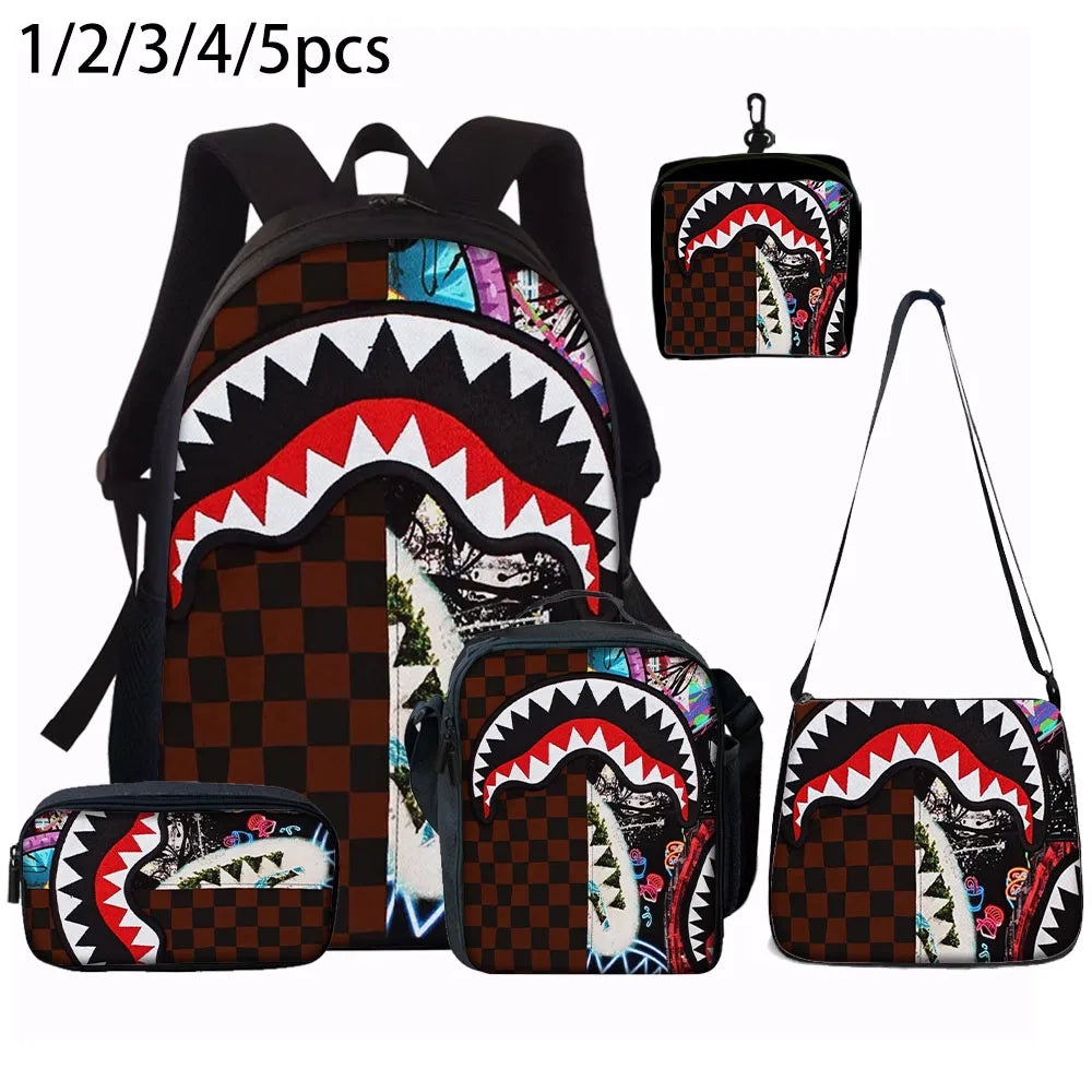 1/2/3/4/5PCS Trendy Shark Graphic Backpack Set | Perfect for School & Daily Adventures
